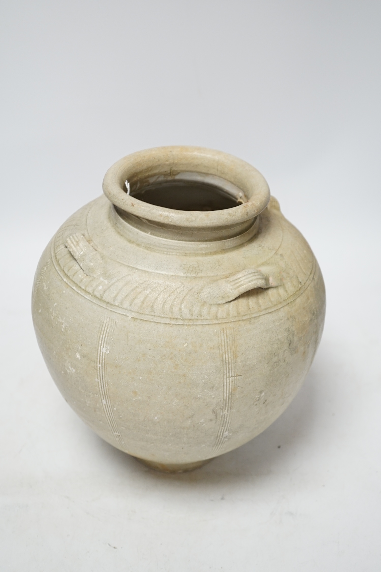 A Chinese Yue ware pale celadon shipwreck jar, Song dynasty, 27cm high